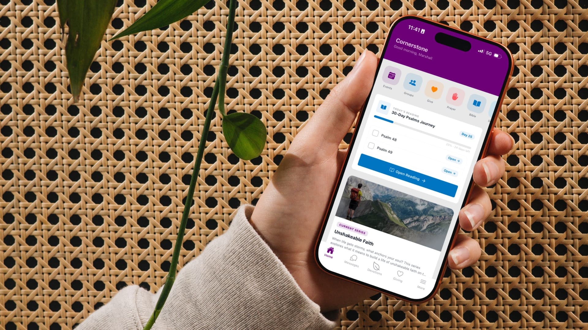 The EasyChurchApp member app open on a phone